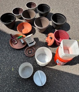 lot 116 image: Collection of Assorted Garden Buckets, Planters, and Lawn Tools