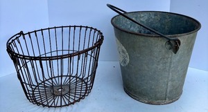 lot 117 image: Vintage Galvanized Metal Bucket and Wire Basket Set
