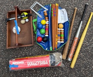 lot 302 image: Assorted Sports and Outdoor Game Set with Baseball Bats, Volleyball Net, and Croquet Set