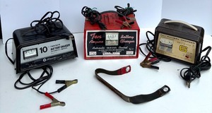 lot 321 image: Group of 3 Vintage Battery Chargers Schumacher and Sears with Clamps