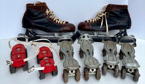 lot 322 image: Vintage Johnson Hockey Ice Skates and Set of 4 Globe No. 40 Adjustable Metal Roller Skates