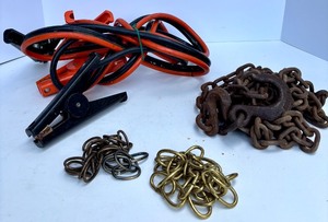 lot 330 image: Set of Automotive Jumper Cables, Chains, Clips and Wooden Storage Box