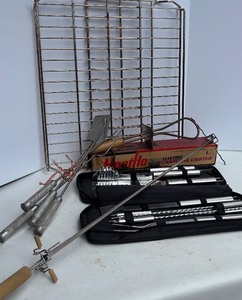 lot 331 image: BBQ Accessory Set Vermont Castings Tool Kit, Vintage Utensils, Charcoal Lighter, Grill Racks