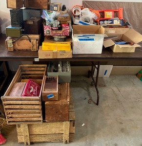 lot 334 image: Workshop and Storage Lot with Vintage Wood Crates, Toolboxes, Hand Tools, and Accessories