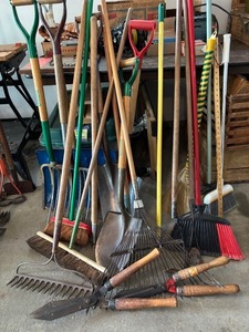lot 339 image: Assorted Yard and Garden Tools Lot Including Rakes, Shovels, Brooms, and More