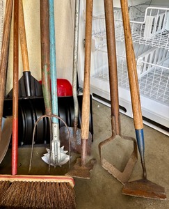 lot 343 image: Collection of Garden Tools Including Shovels, Axe, Hoes, Brooms, and Pitchfork