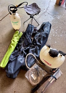 lot 344 image: Lot of 2 Backpacks and 1 Handheld Sprayer with Folding Camping Chairs