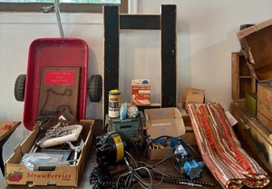 lot 346 image: Large Mixed Lot Vintage Sears Wagon, Hand Tools, Drafting Tools, Grinder, and Shop Items