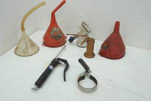 lot 102 image: 3 Funnels, RV Hydroflush, oil filter wrench, oil can, lube gun