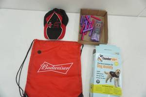 lot 122 image: New Budweiser Bag, Hat, Curlers, Dog Anxiety Blanket