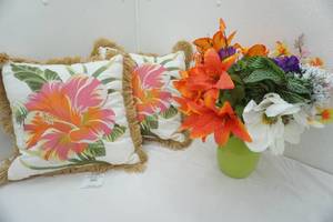 lot 166 image: Throw Pillows, Artificial Flowers & Glass Vase