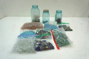 lot 276 image: Plastic Bin with Old Jars & Buttons