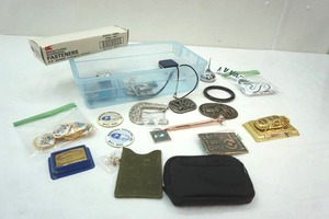 lot 298 image: Bin of Belt Buckles, pins, clasps, patches and more