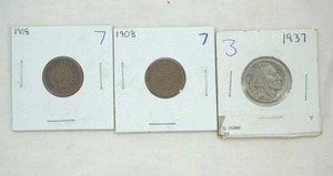lot 345 image: 1908 Indian head Pennies (2ct) & 1937 Buffalo Nickel (1ct)