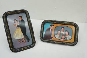 lot 381 image: Vintage Lawrence Welk Metal Trays with display stands