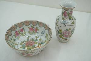 lot 392 image: Hand Painted Porcelain Vase & Bowl by Nora Fenton