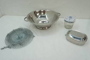 lot 396 image: Large Metal Colander, Wire Hanging Basket, Tin with Lid & Cranberry Mold Jar
