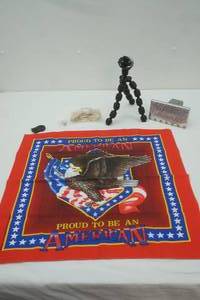lot 401 image: Proud to be An American Bandana, small tripod, Built Tough Hitch Cover