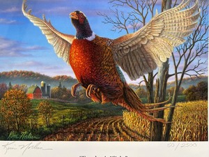 lot 45 image: Freedoms Flight 1999 Minnesota Pheasant Habitat Stamp and Print by Kim Norlien Signed 502500