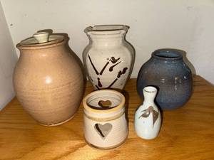 lot 6 image: Collection of 5 Artisan Studio Pottery Vases and Candle Holder