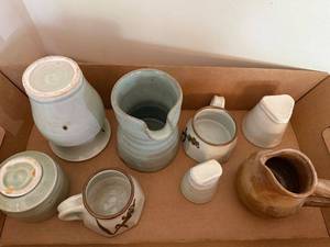 lot 33 image: Collection of 8 Studio Art Pottery Pitchers, Cups and Creamers - Signed