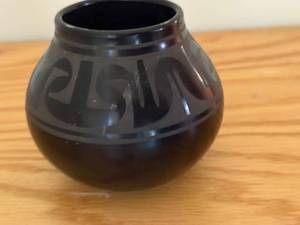 lot 36 image: Signed Blackware Pottery Vase with Native Design, 4 Inch