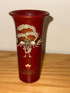 lot 38 image: Longstem Red Lacquer Vase with Bird and Floral Motif, 6 Inch