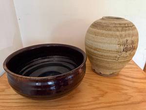 lot 42 image: Handmade Pottery Bowl and Vase Set with Artist Signatures