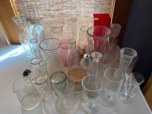 lot 58 image: Mixed Collection of Vintage and Modern Glass Vases, Bottles, and Jars