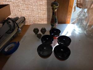 lot 63 image: Decorative Set with Vintage Bowls, Brass Bell Orbs, and Painted Wooden Vase