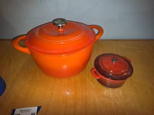 lot 68 image: Orange Cast Iron Dutch Oven and Mini Cocotte Set