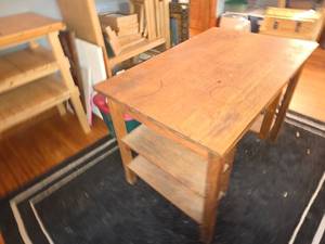lot 76 image: Vintage Wooden Writing Desk with Drawer and Side Shelves