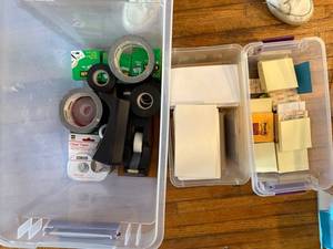 lot 95 image: Large Office Supplies Lot with Tape, Pens, Sticky Notes, and Legal Pads