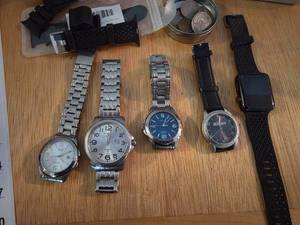 lot 132 image: Collection of coins, 5 Mens Wristwatches Casio Invicta Nikon and Smartwatch with Bands and Storage Cases
