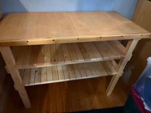 lot 136 image: Wooden Work Table with Two Lower Slat Shelves
