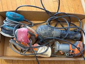 lot 148 image: Box of Mixed Power Tools Including Sanders and Router
