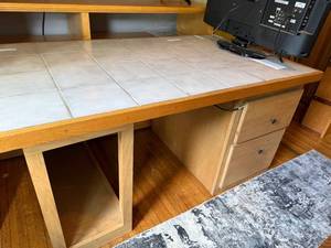 lot 175 image: Tile Top Wooden Desk with Integrated Drawers and Shelving