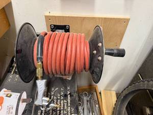 lot 248 image: Wall Mount Air Hose Reel with Red Hose and Blower Nozzle