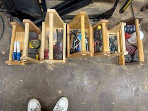 lot 249 image: Set of 7 Wooden Tool Caddies with Assorted Hand Tools and Hardware