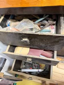 lot 251 image: Assorted Hand Tools, Sandpaper, and Hardware Lot in Drawers