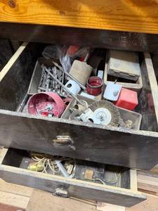 lot 253 image: Assorted Drill Bits, Hole Saws, Sanding Belts, and Hardware Drawer Lot