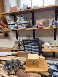 lot 254 image: Mixed Lot of Scrap Wood, Small Hardware, and Wooden Storage Box