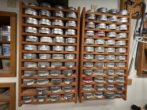 lot 258 image: Collection of Metal Lidded Storage Tins in Wood Organizer Racks