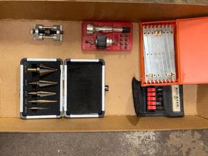 lot 271 image: Lot of Step Drill Bits, Tap and Die Set, Rockler Hex Bits, and Gauges