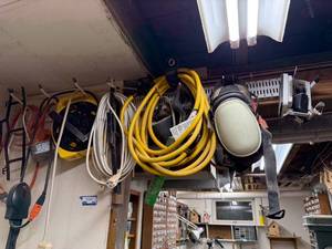 lot 202 image: Workshop Power Cords, Reel, Knee Pads, and Hand Tools Assortment