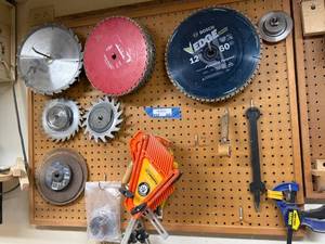 lot 205 image: Assorted Saw Blades, Push Blocks, and Accessories for Woodworking
