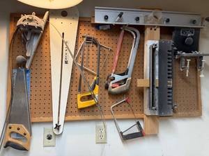 lot 218 image: Collection of Hand Saws, Hacksaws, and Woodworking Jigs