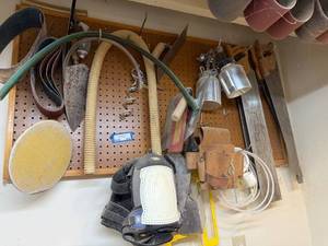 lot 219 image: Workshop Lot Hand Tools, Clamps, Sanding Belts, Sprayers, and Accessories