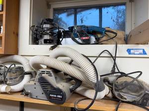 lot 220 image: Collection of Porter-Cable and Ryobi Power Sanders with Dust Collection Hoses