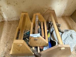 lot 221 image: Wooden Hand Tool Caddy with Assorted Hardware and Tools